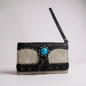 Tooled Leather Western Wallet with Turquoise Stone & Stud Details